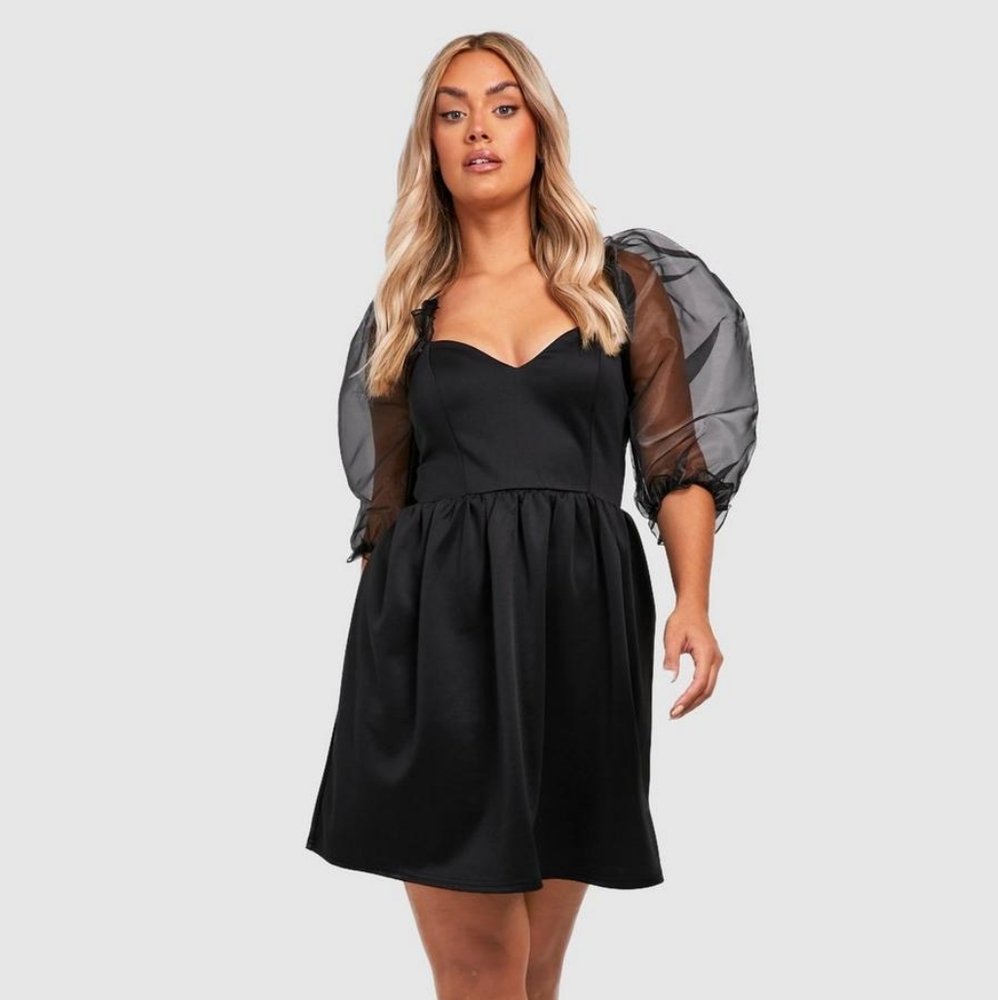 NWT Boohoo Plus Organza Sleeve Black Skater Dress Women's Size 18 Party Wedding